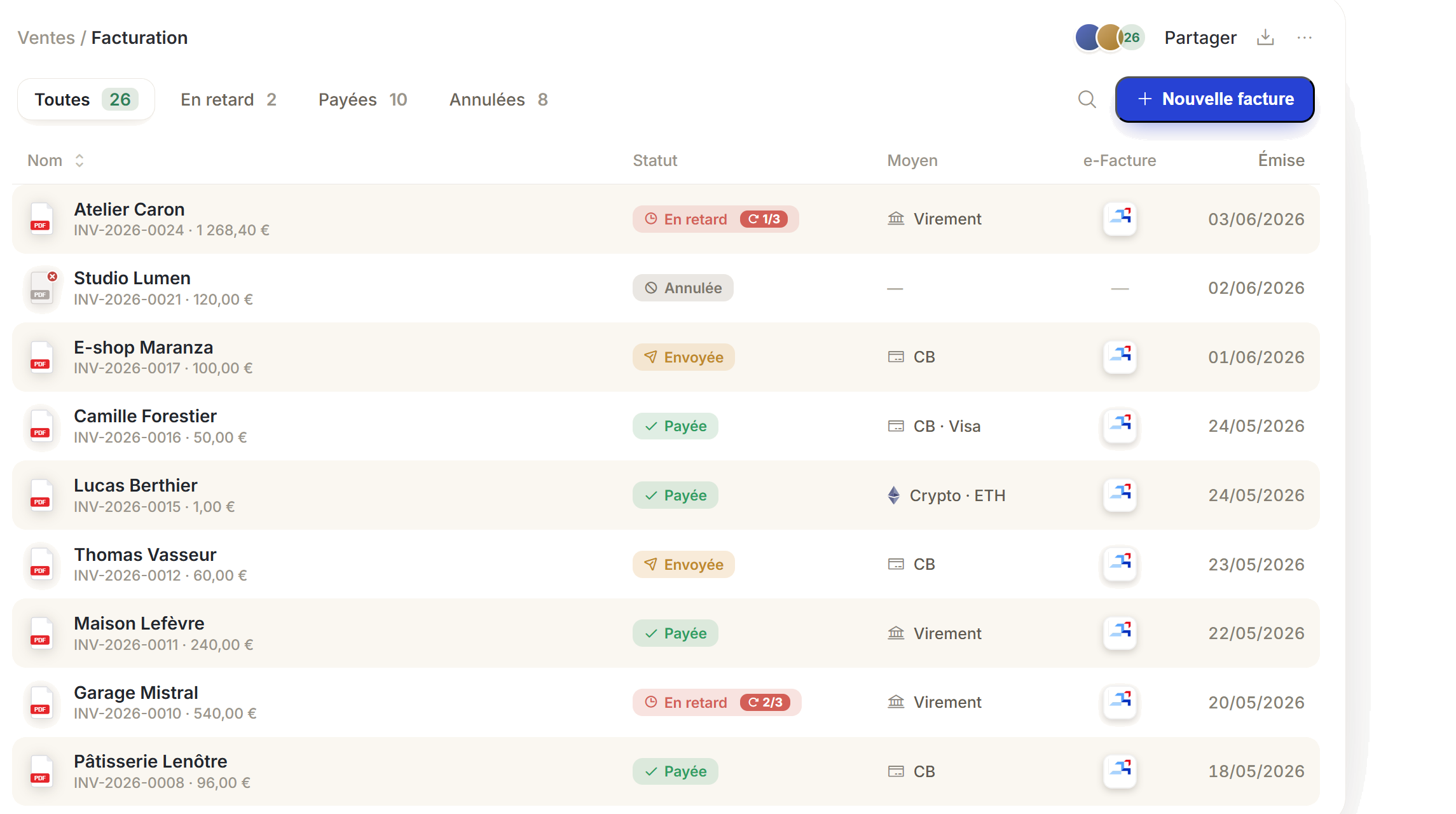 Facturation Nexus — suivi des factures, statuts et moyens de paiement
