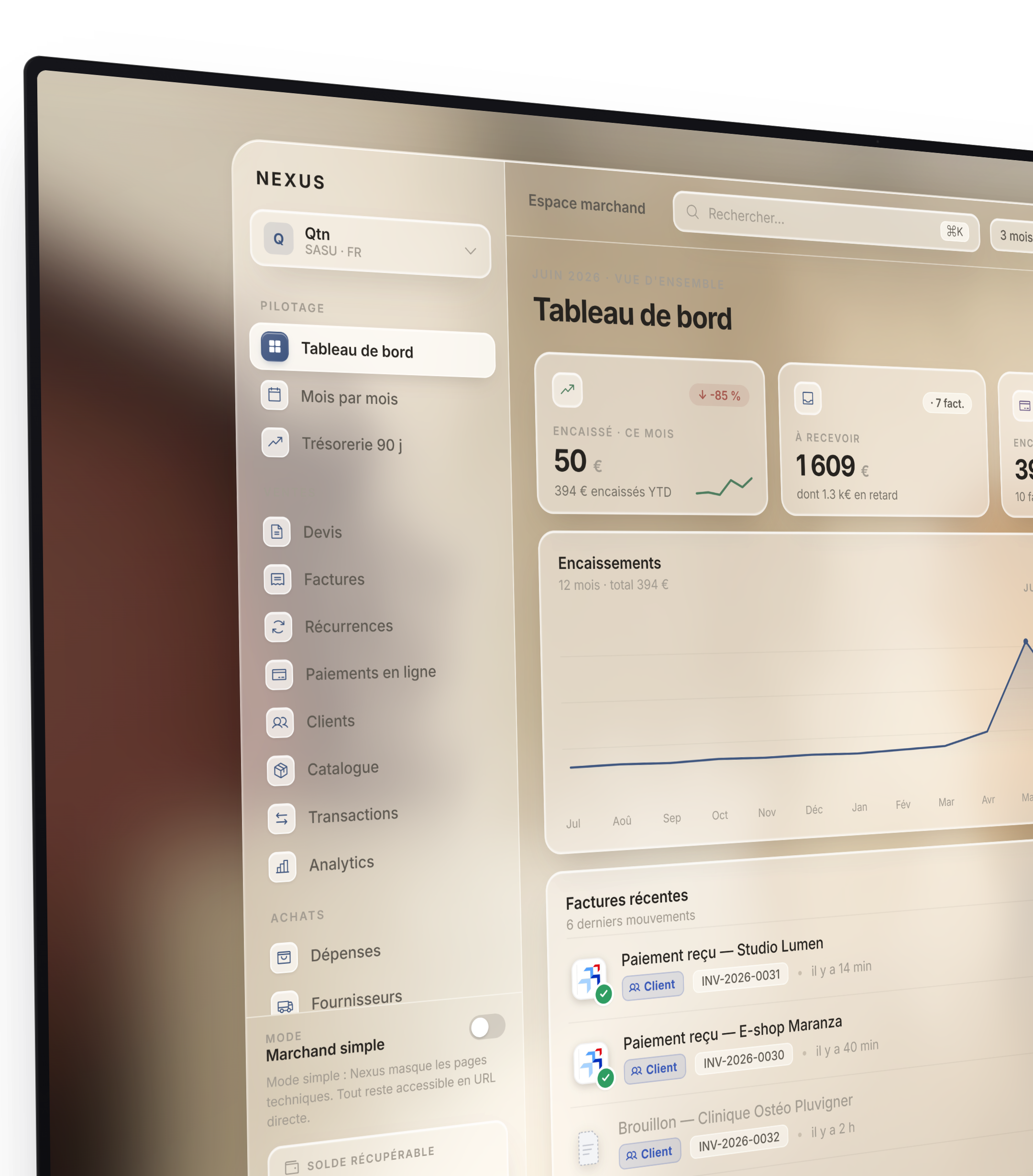L'espace marchand Nexus — tableau de bord de facturation B2B