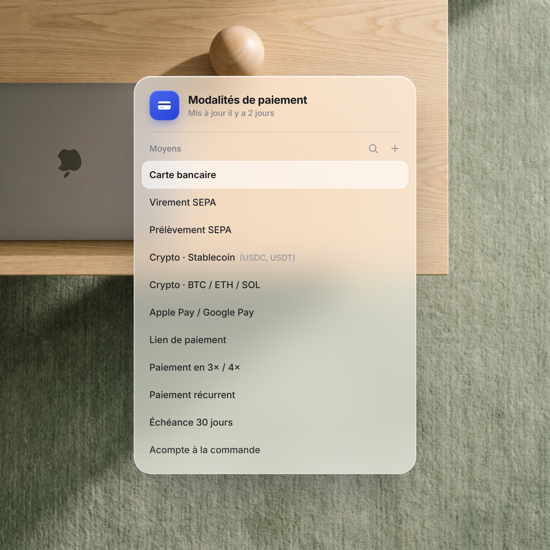 Modalités de paiement Nexus — carte, SEPA, crypto, Apple Pay